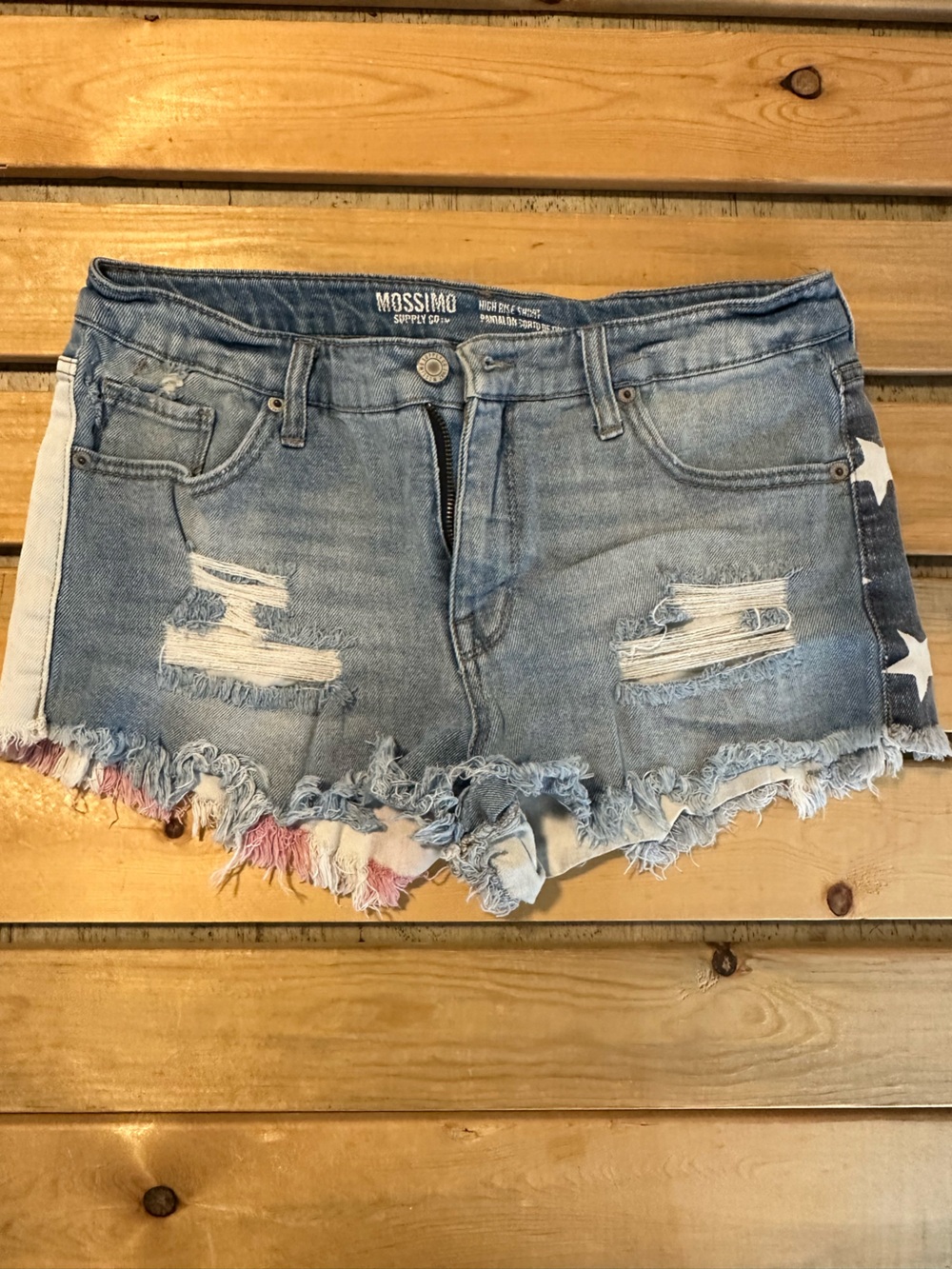 Women's Mossimo Denim American Flag Frayed High Rise Shorts Sz 10/30 - Picture 2 of 7